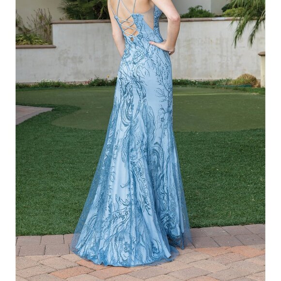 New Sequins Embellished Sheath Elegant Dress w/ Lace Up Back & Leg Slit DQ 4302 - Picture 6 of 9